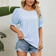 thumbnail image 3 of Blusa de manga con volantes estampada, cuello redondo, borde elástico, blusa informal para mujer, citas, azul XL, 3 of 6