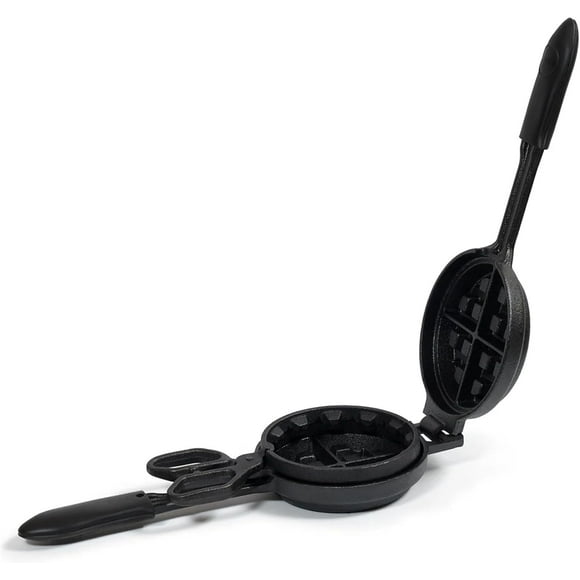 Cast Iron Stuffed Waffle Iron - Pre-Seasoned, 5" Dia, 2" Thick Round - Non-Stick Belgian Waffle Maker w/Heat-Resistant Handles – Classic Waffle Maker Compatible w/Gas, Electric, Induction & More