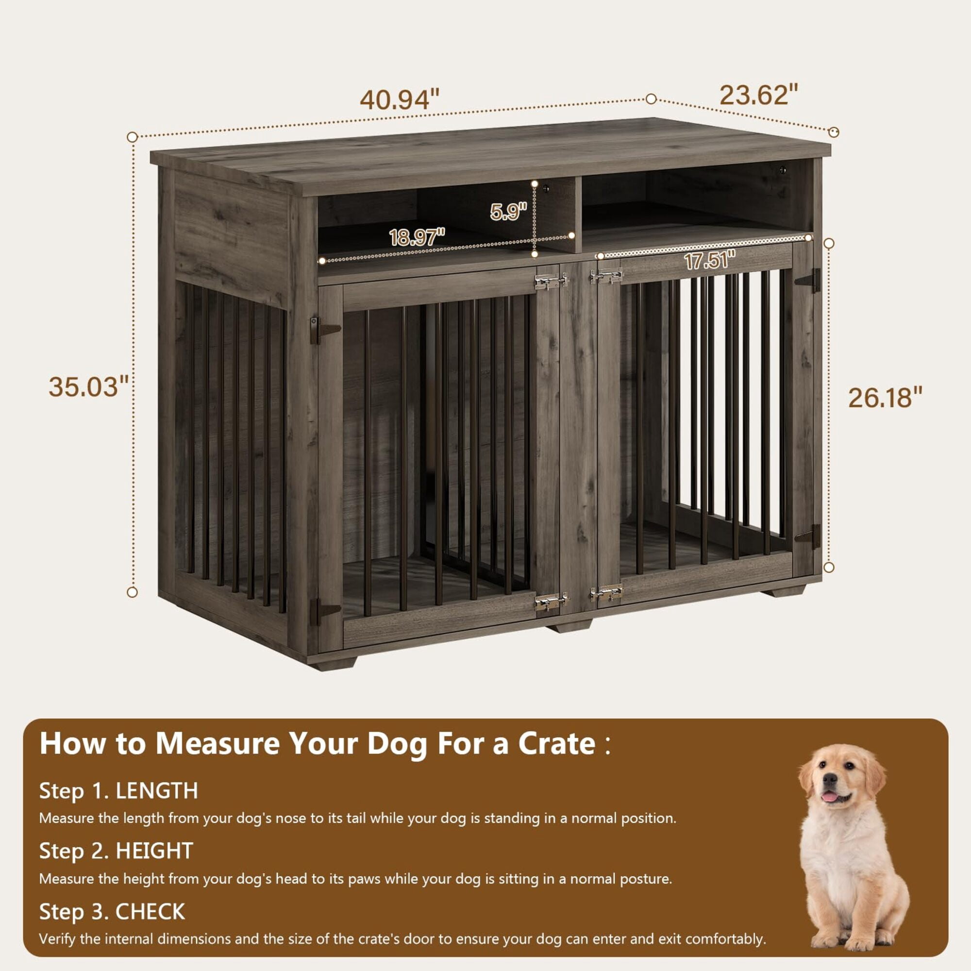 41" Washed Gray Farmhouse-Style 2-Door Dog Crate with Storage Shelves – Indoor Kennel Furniture for 2 Small/Medium Dogs