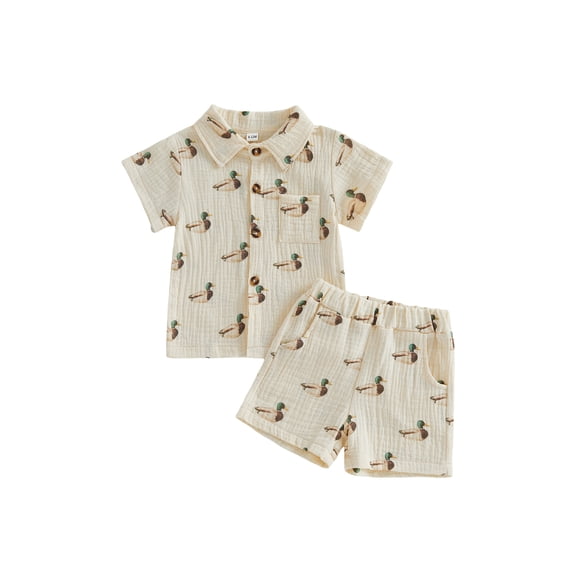 BemeyourBBs Toddler Baby Boy Summer Cotton Linen Clothes Cute Infant Boy Dinosaur Duck Outfit Print Button Down Turn Down Neck Short Sleeve Shirt and Shorts 2 Pcs Set