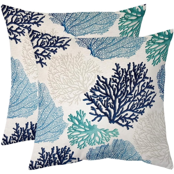Beach Throw Pillow Covers, Set of 2 Coastal Coral Branch Ocean Themed Pillowcase Luxury Velvet Decorative Cushion Cover for Couch Bed Sofa Farmhouse Decoration 16X16 Inches