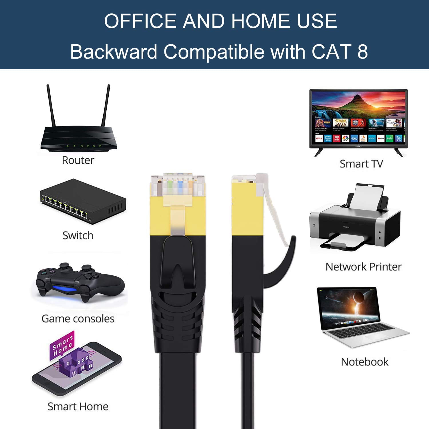KOMI Flat Cat8 Ethernet Cable 30M, 26AWG Cat 8 Network Internet Lan Cable High Speed 40Gbps 2000Mhz SFTP RJ45 Gold Plated Connector for PC, Router, Switch, Modem, TV, PS5 (Black, 30M/98FT)