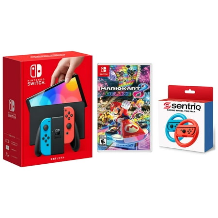 Nintendo Switch OLED Neon Red/Blue Edition + Mario Kart 8 Deluxe + Sentriq Racing Wheel Two Pack Joy Con Attachments - Japan Import with US Plug
