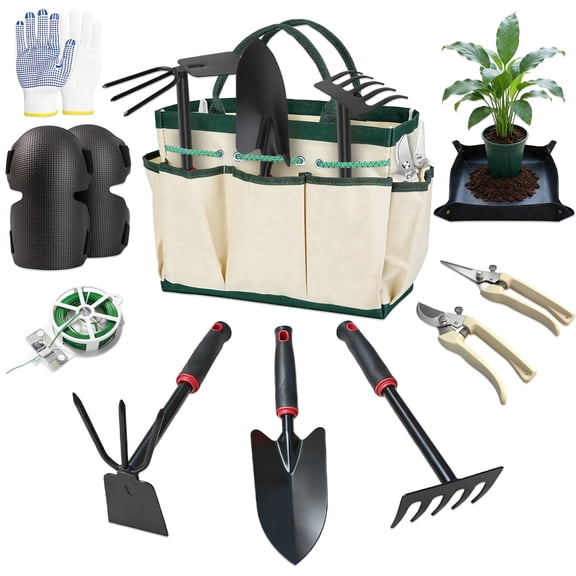 XYHOOK 10Pc Manganese Steel Garden Tools Set, Heavy Duty Kit w/ Trowel Rake Pruner Knee Pads Gloves Mat Tote Indoor Outdoor Planting Yard Gardening