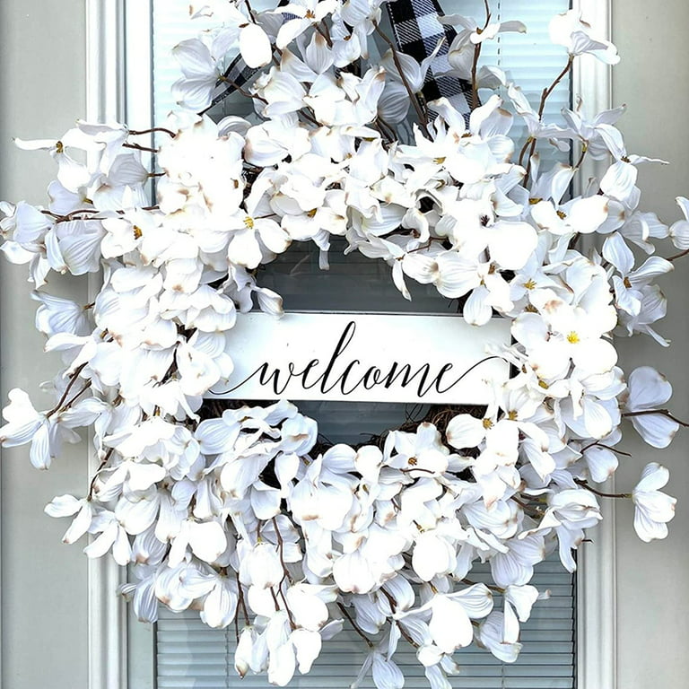 17 White Wreath for Front Door Dogwoods Winter Wreath Hanging Welcome Sign  Artificial Flower Wall Decoration for Winter Xmas Christmas Party 