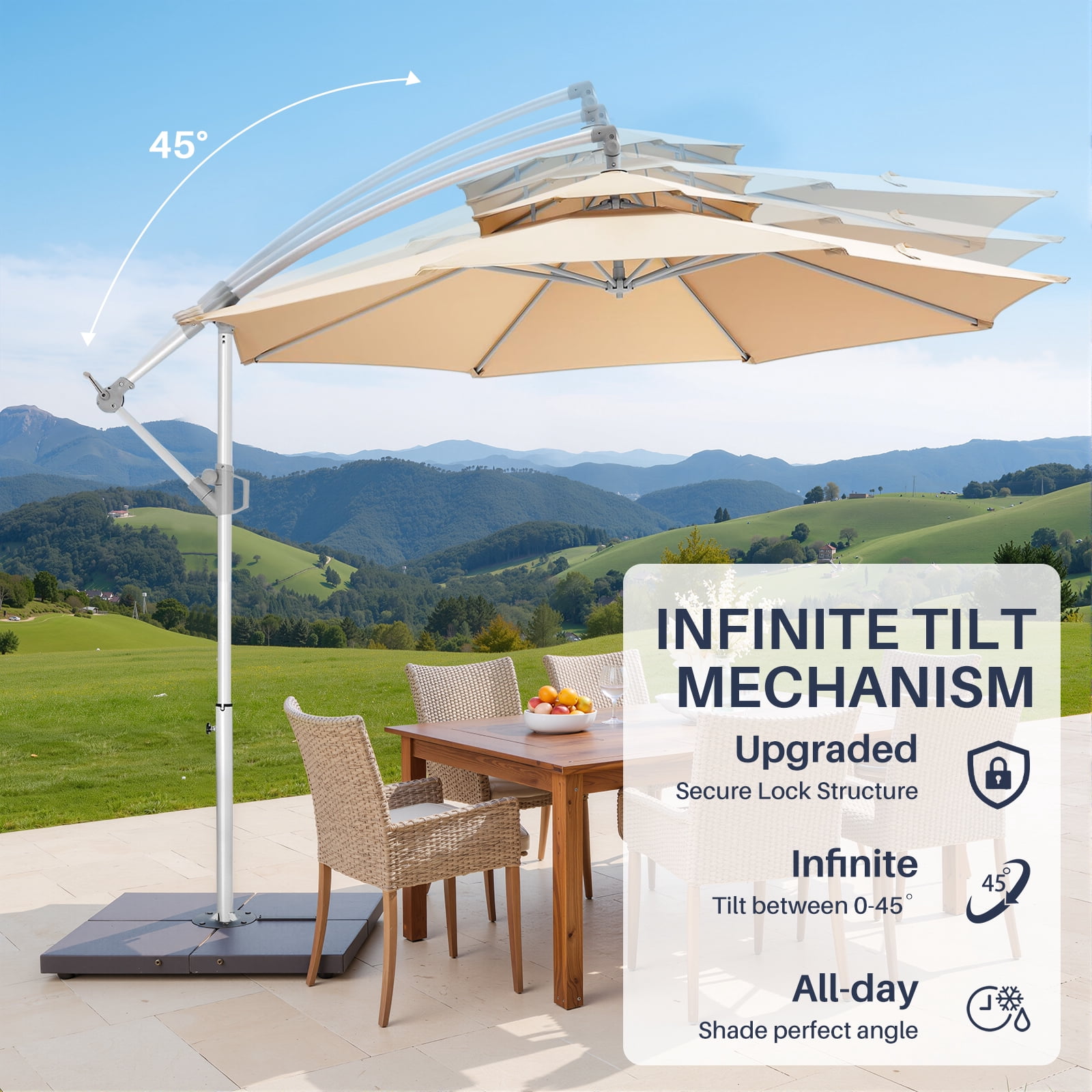 10' Outdoor Patio Umbrella, 2 Tiers Offset Hanging Umbrella, UPF50+ Large Umbrella for Patio, Yard, Pool Side, 8 Sturdy Ribs, Push Button Tilt and Crank, Beige