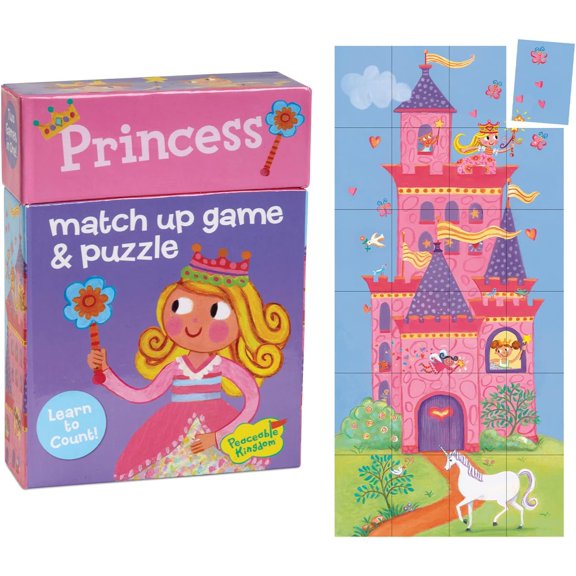 Peaceable Kingdom Princess Match Up Game, 2 in 1 Match Up Memory Game & Floor Puzzle, Learn to Count for Kids, Ages 2 Years and Up