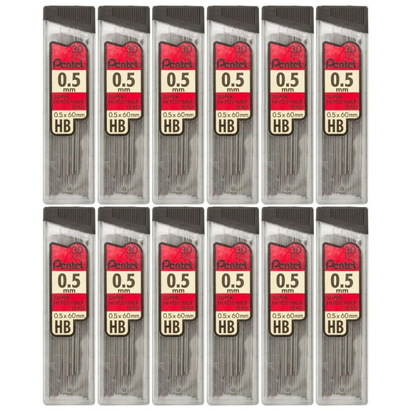 Pentel HB Super Hi-Polymer Leads, 0.5mm, Black, 30 Per Pack, 12 Packs