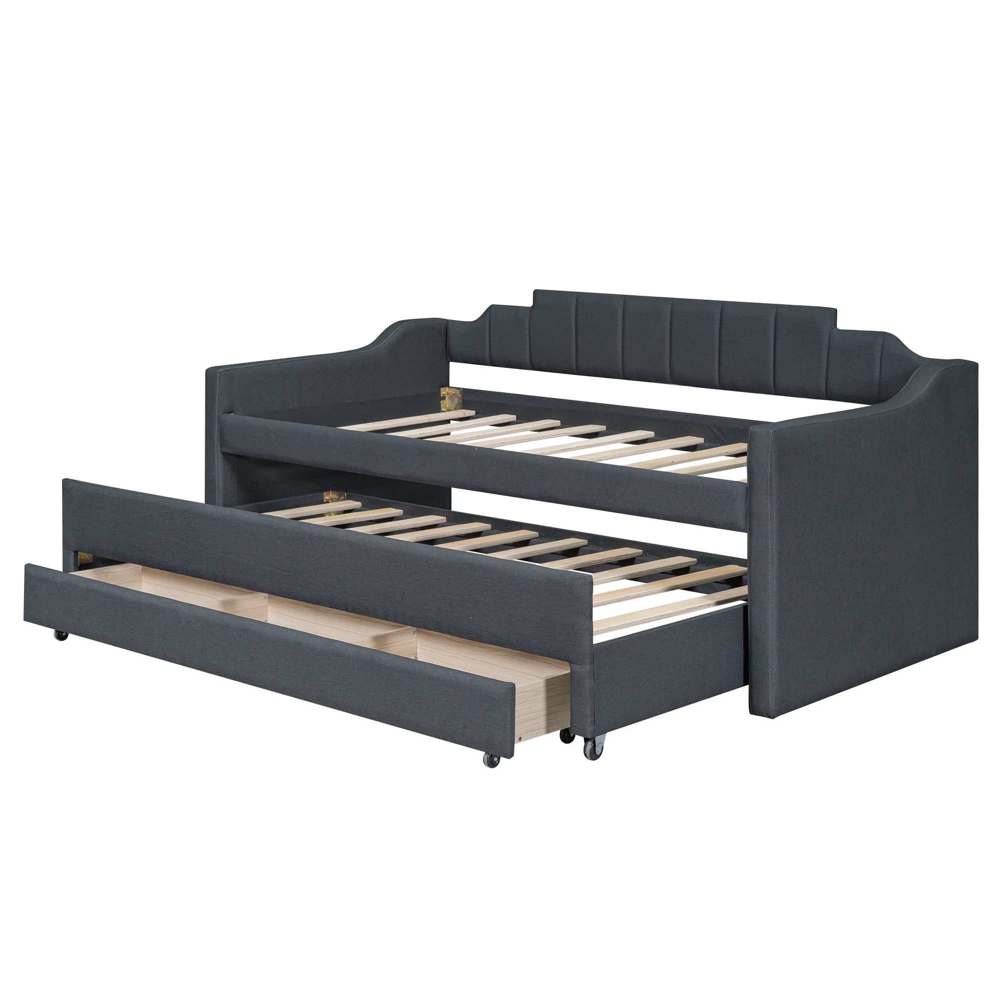 MAYEERTY Twin Size Upholstered Daybed with Trundle and Three Drawers,Grey