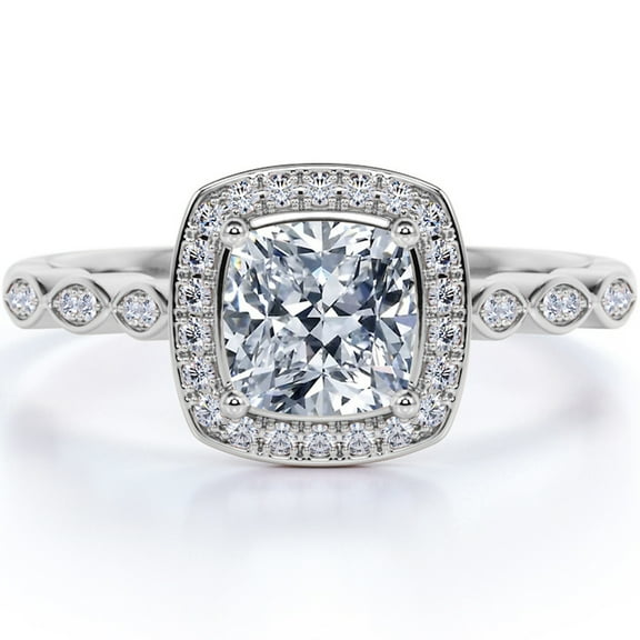JeenMata 1.25 Carat cushion cut Moissanite and Diamond pave Halo Engagement Ring in 10k White Gold