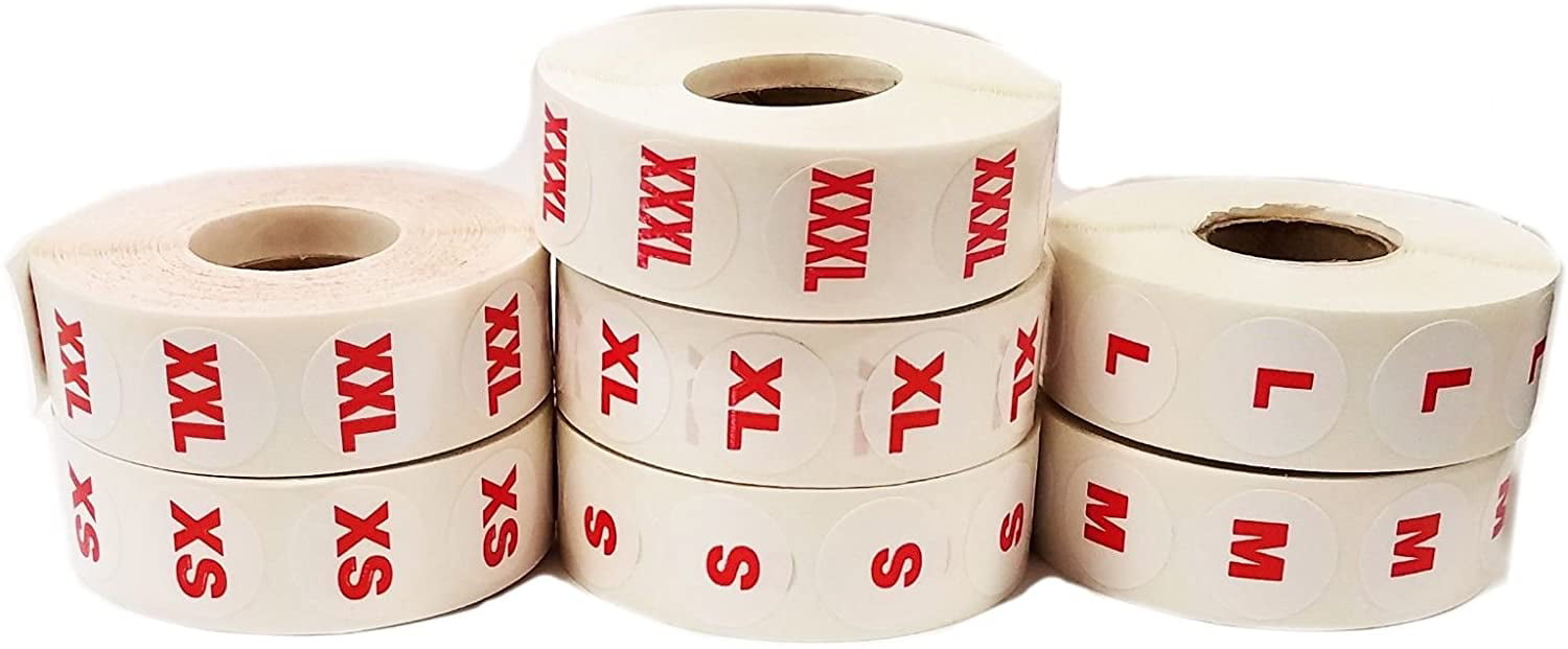 1000 Per Roll XS S M L XL & 2XL 6000 Round Clothing Size Dot Sticker Bundle 