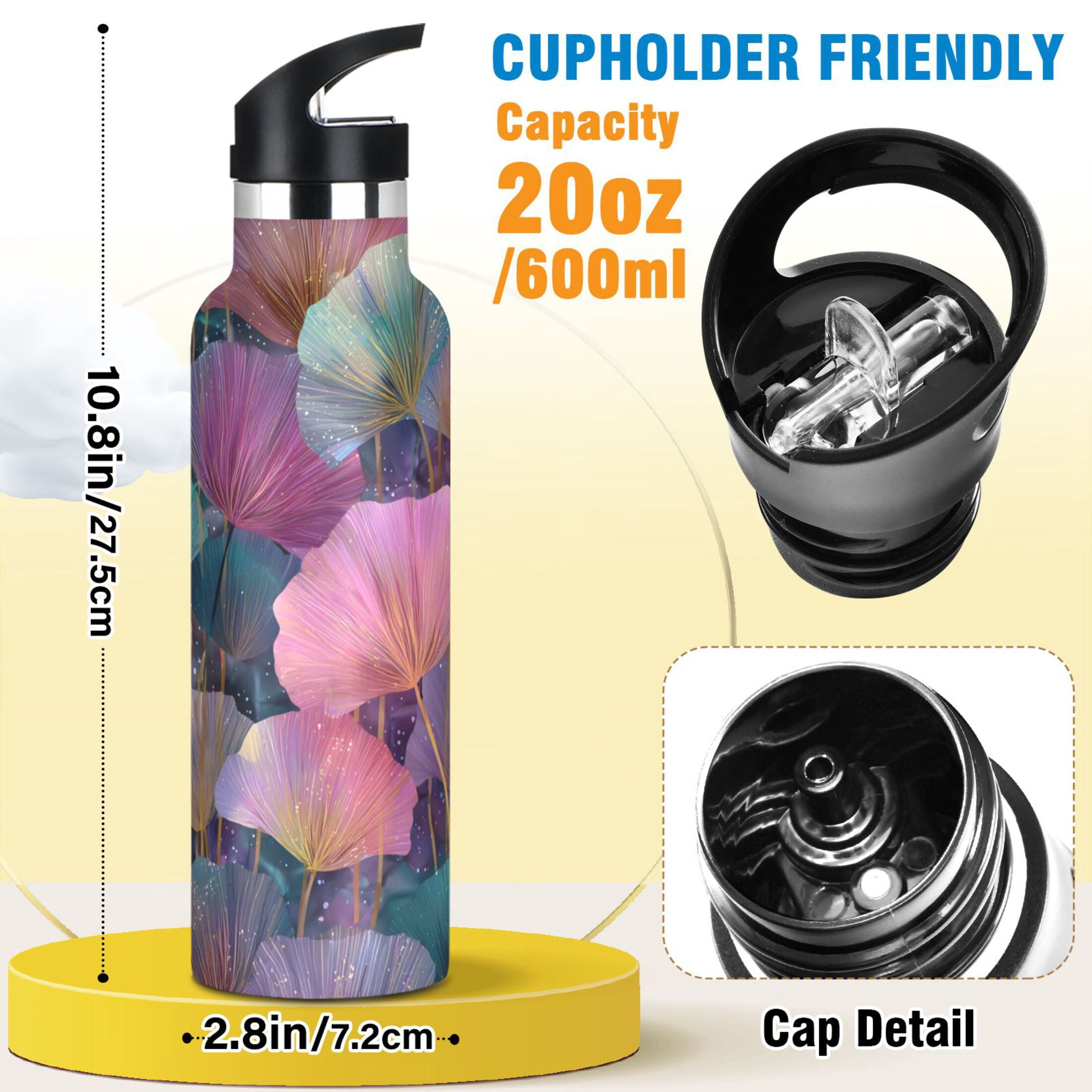 600ML Stainless Steel Insulated Cup Sports Water Bottle Portable Thermos Cup Water Glasses Insulated Tumblers Convenient and Durable Pink Leaves