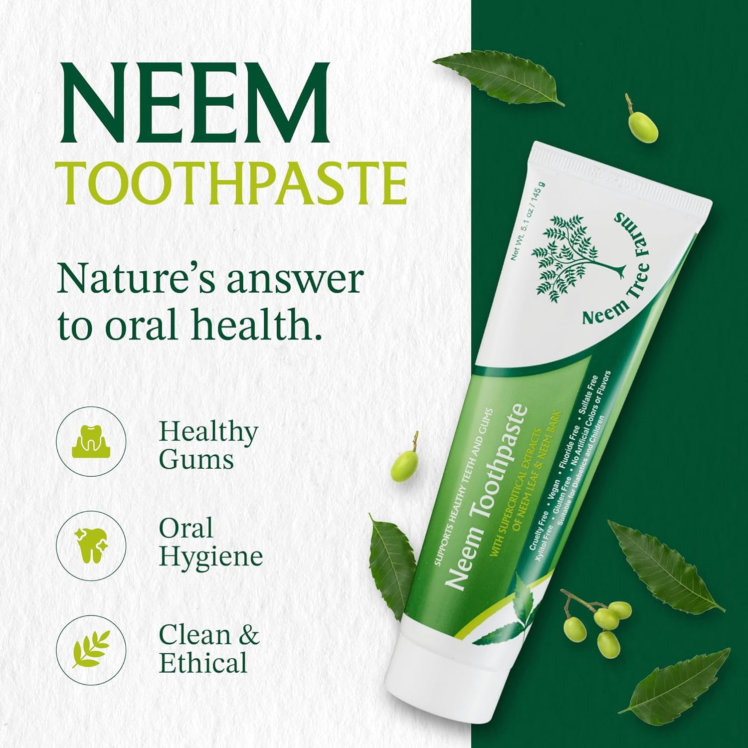 Neem Tree Farms Neem Toothpaste for Adult & Children, Fluoride Free, Clove & Stevia - 5 oz (4 Pack)