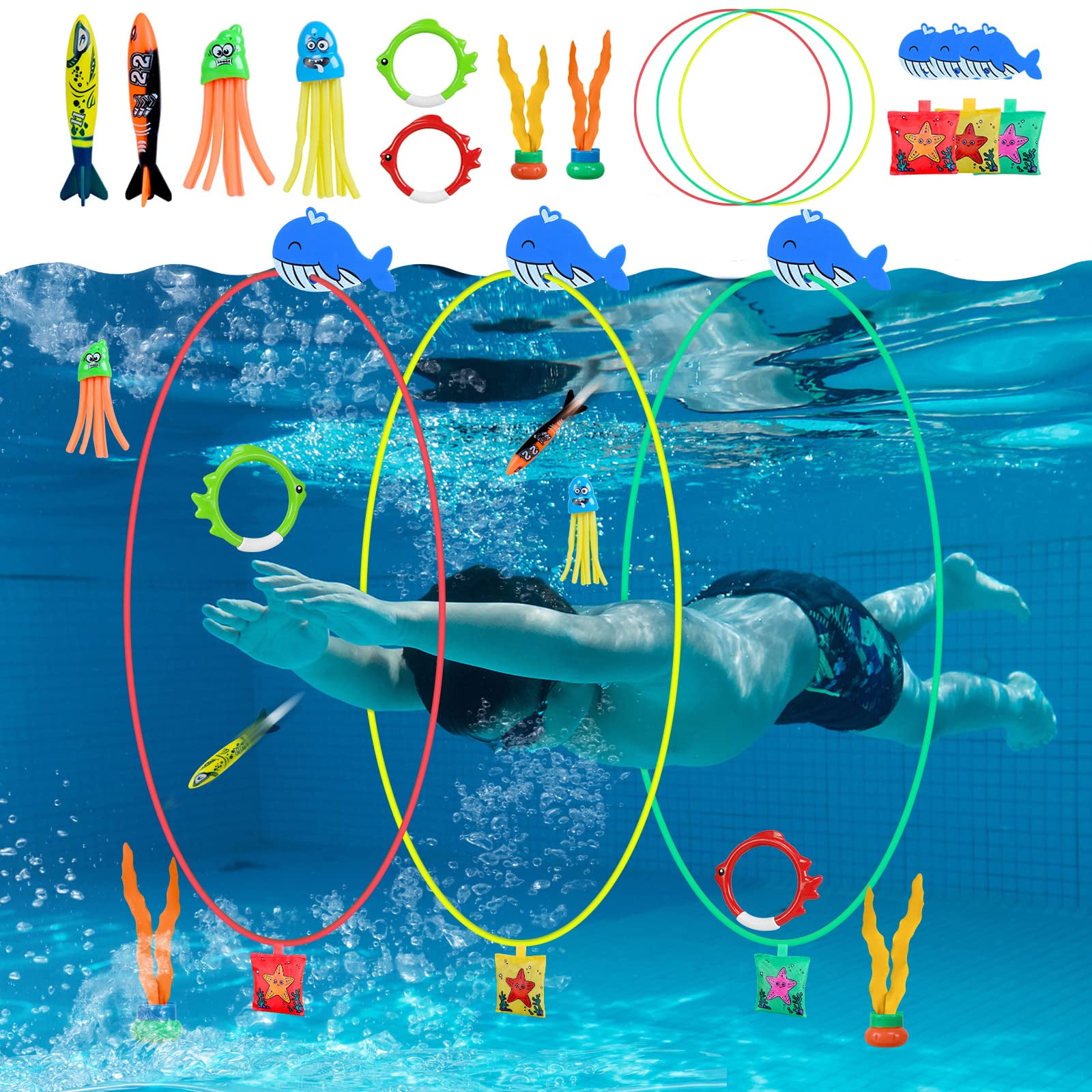Quanquer Diving Swim Thru Rings, 17PCS Pool Toys Games Set for Kids