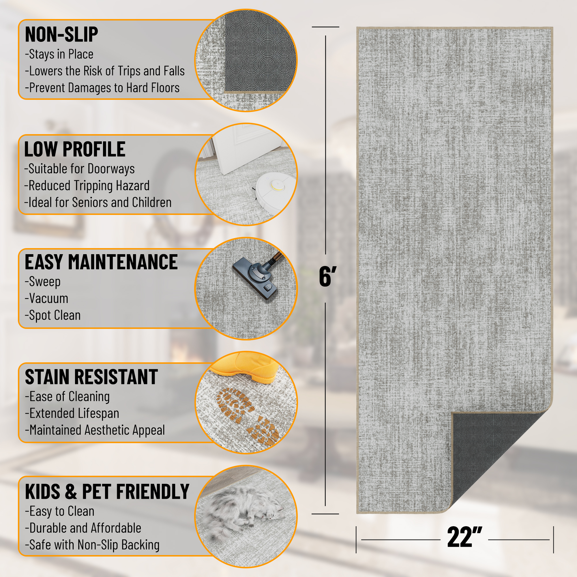 Ottomanson Non-Slip Washable Kitchen Runner Rug Mat for Hallway Durable Easy Care 1'10" x 6' Solid Beige