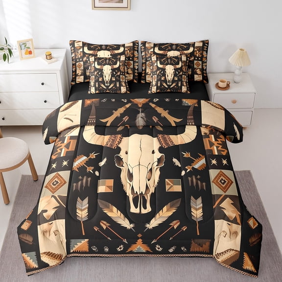 Erosebridal Tribal Aztec Bedding Sets, Sheep Skeleton Comforter Sets with Sheets, Rectangle Geometric Reversible Bed Sheets Set, Ultra Soft Room Decorative, 7pcs