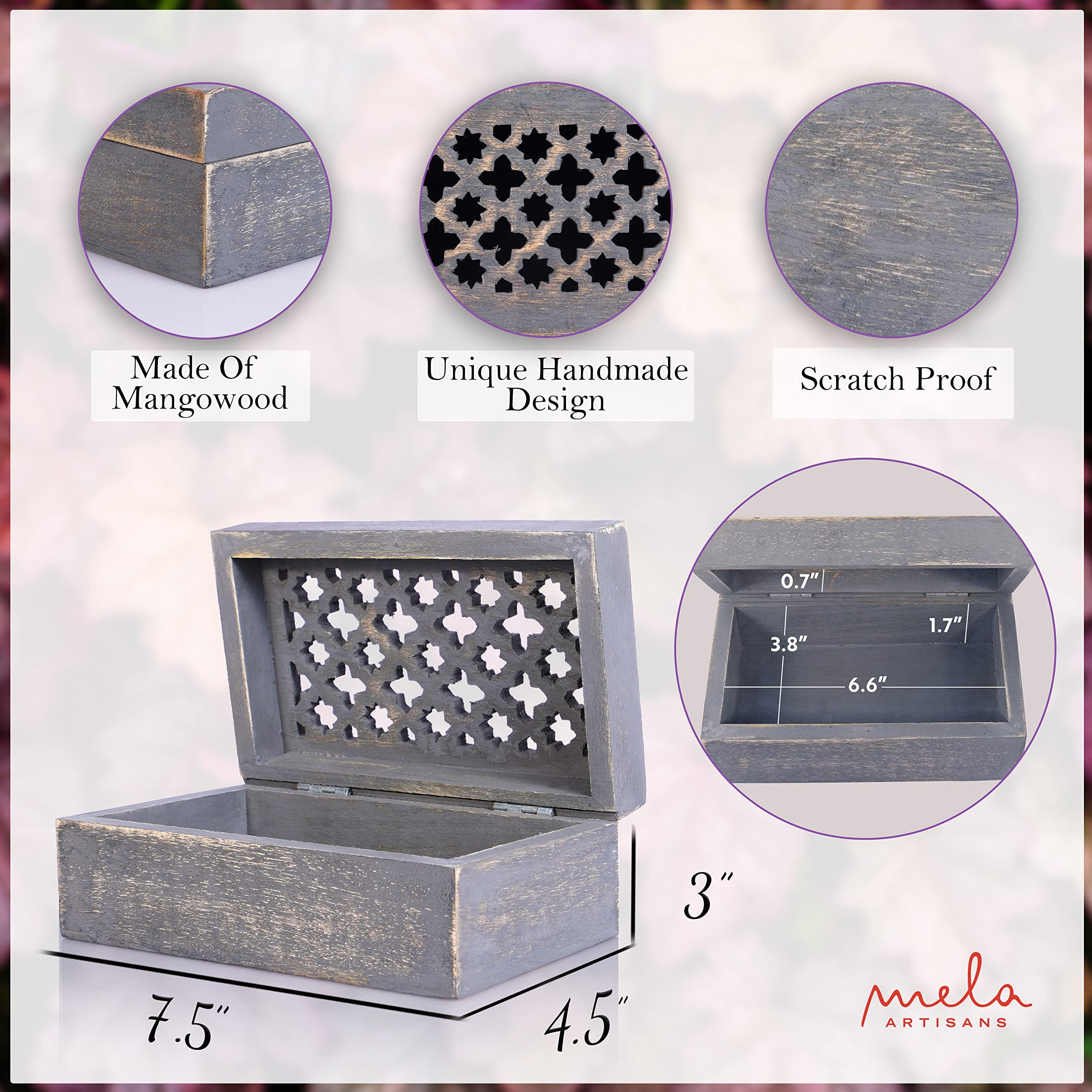 Mela Artisans Rustic Trellis Storage Box with Hinged Lid - Distressed Dove Grey Polish, Medium Size
