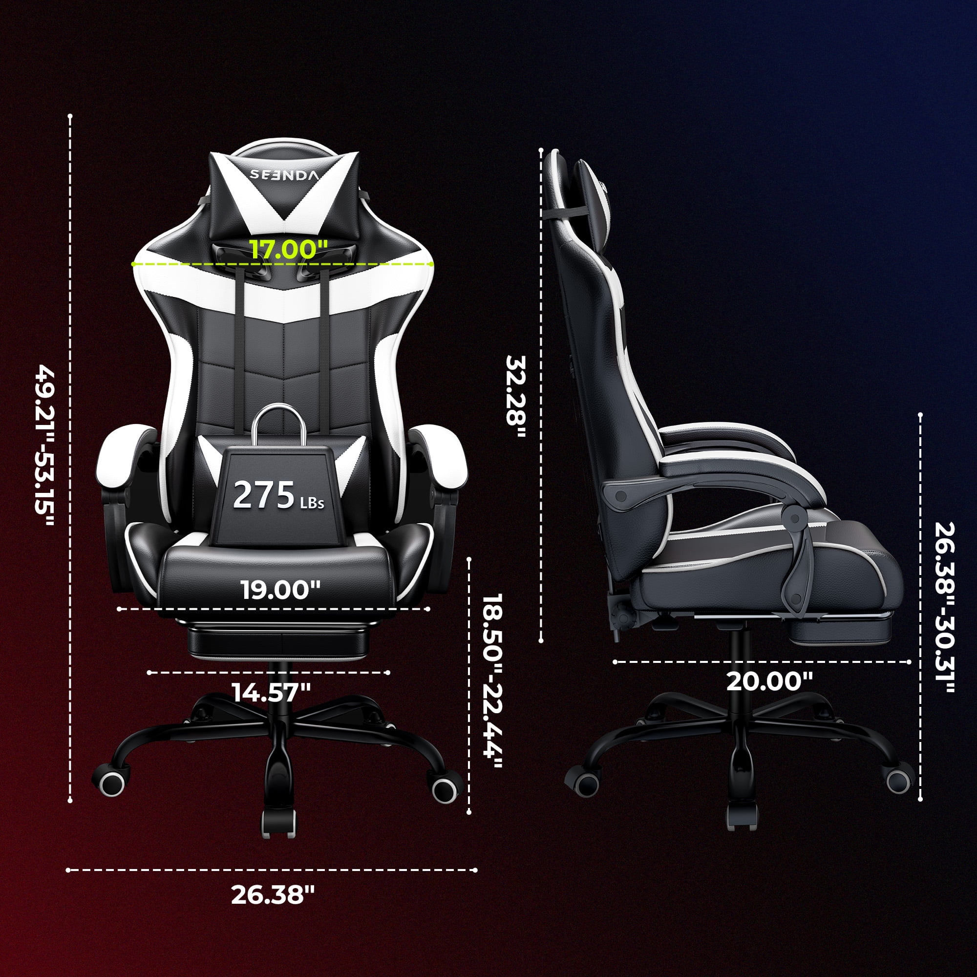 Gaming Chair, Seenda Video Game Chair with Footrest and Lumbar Support, Ergonomic Computer Chair Height Adjustable with Swivel Seat and Headrest, White