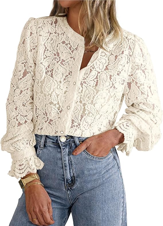 PRETTYGARDEN Women's Lace Blouse, Long Sleeve, Beige photo 1