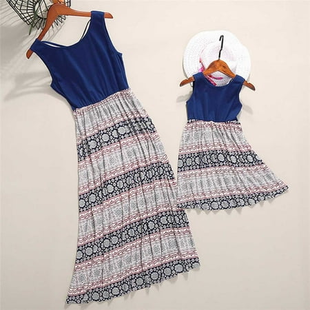

ERTUTUYI Children Kids Sleeveless Patchwork Dress Matching Family Clothes Blue 110