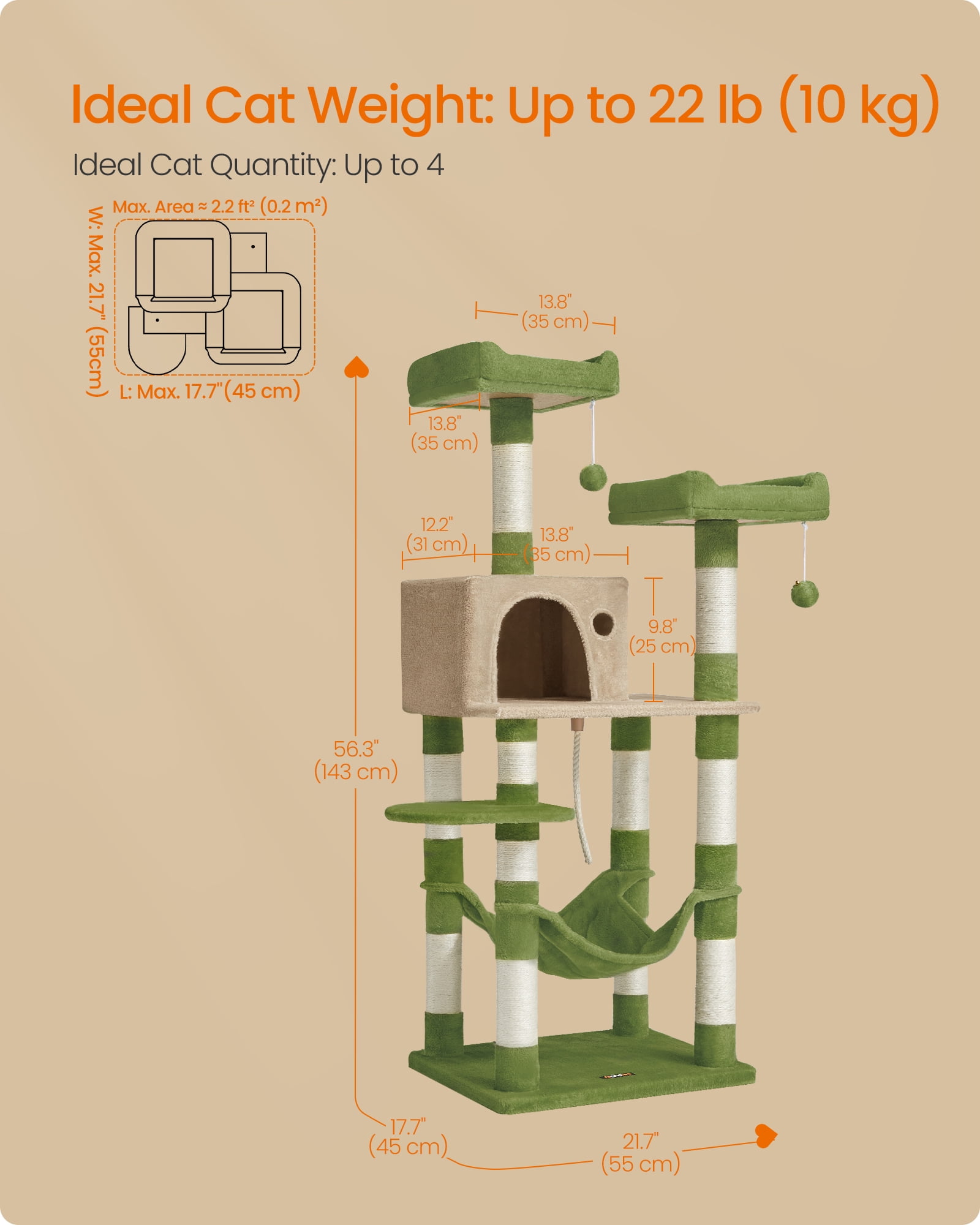 Feandrea 56.3-Inch Multi-Level Cat Tree with 11 Scratching Posts, 2 Perches, Cave, and Hammock for Multiple Cats, Grass Green and Brown