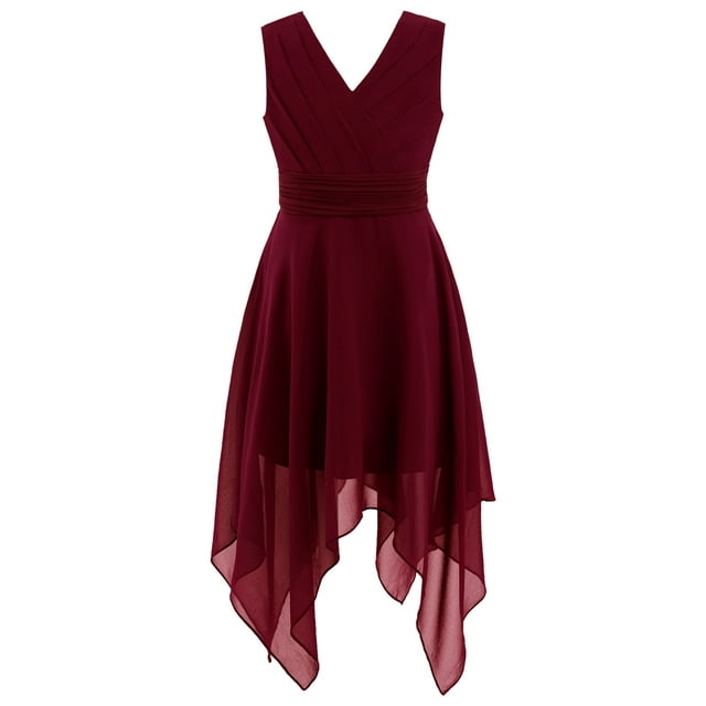 YONGHS Robe en Mousseline pour Filles, Col en V, Sans Manches, Ourlet Asymétrique, Taille Plissée, Robe de Demoiselle d'Honneur pour Fête, Bourgogne 12