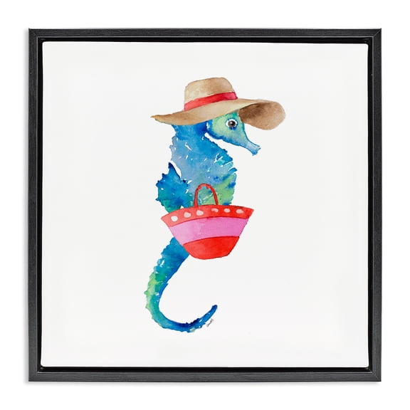 Stupell Industries Seahorse in Beach Hat Novelty Painting Black Floater Framed Canvas Art Print Wall Art, 18 x 18