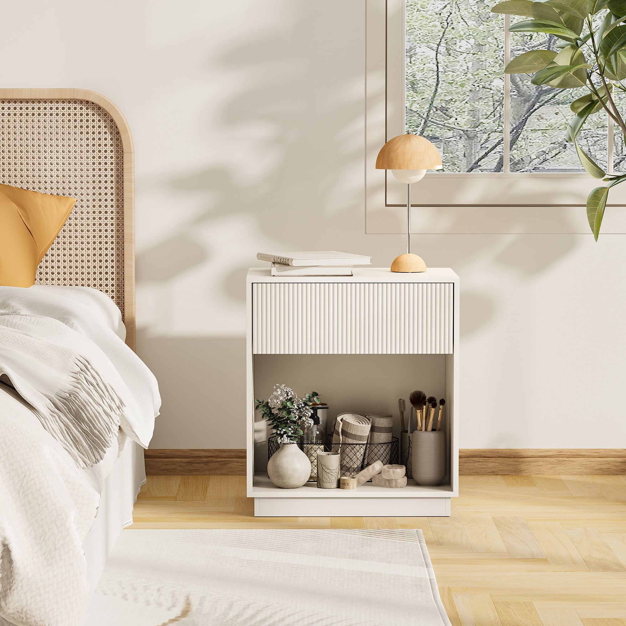 Fluted Nightstands Set Of 2, Modern Mid - Century Wood Bedside Table With Drawer & Open Storage Shelf, End Table For Bedroom, Living Room, Office, Sofa Side Couch White