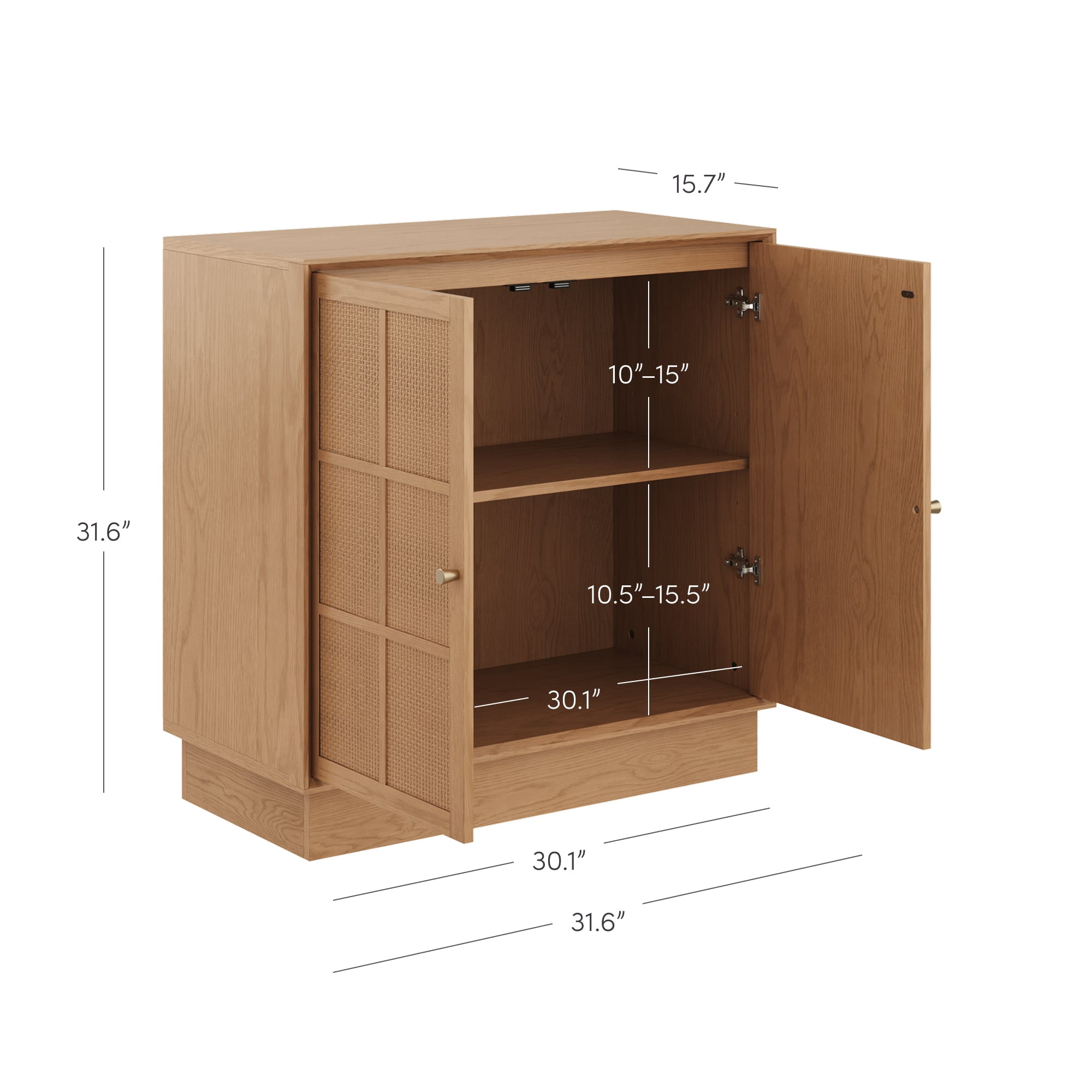 Nathan James Elise Modern Coastal Storage Cabinet, Oak TV Cabinet Stand or Rattan Storage Cabinet with Doors and Brass Door Handles, Raw Oak