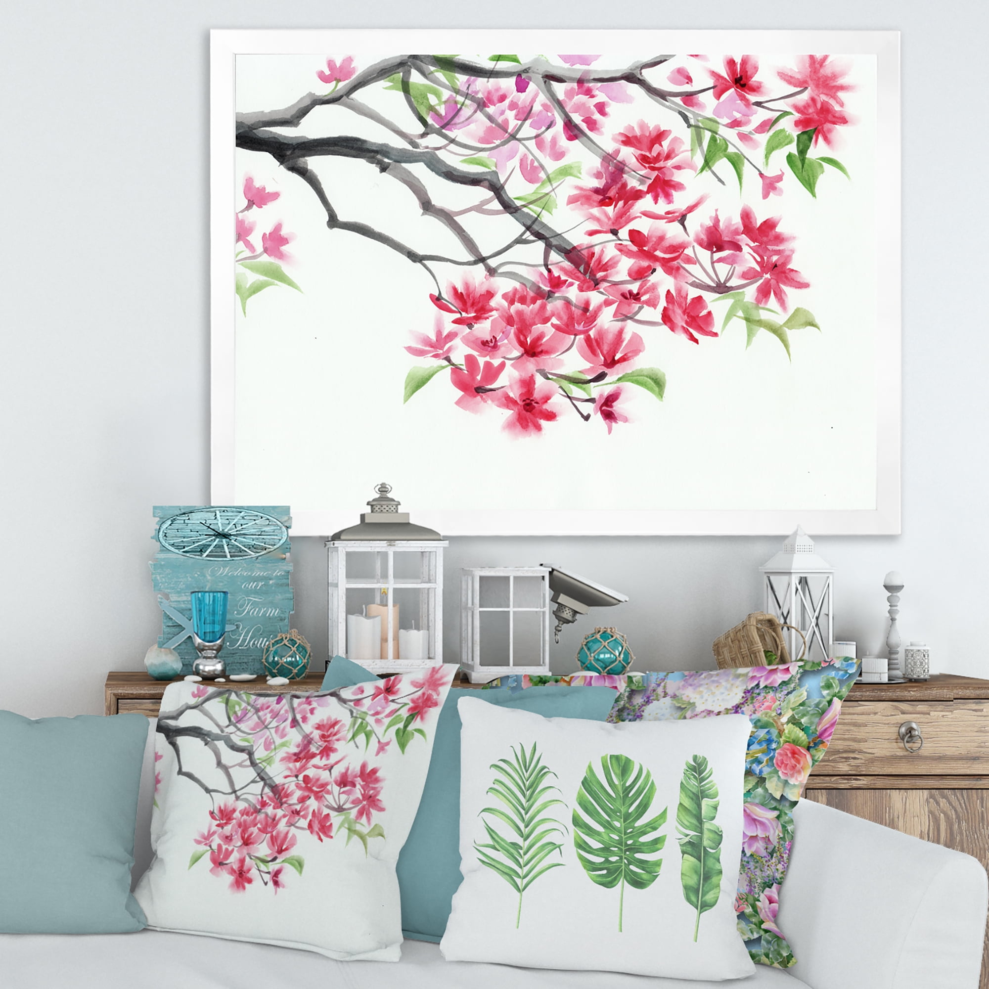 Designart 'Red Blossoming Tree On White' Traditional Framed Art Print