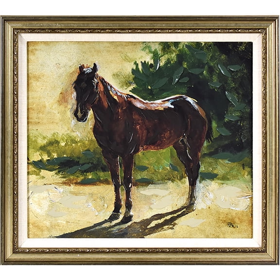 Brown Horse Study Framed Canvas Wall Art, Hand-Embellished Equestrian Artwork in Gold and Linen Frame, Western Ranch Decor, 19x17