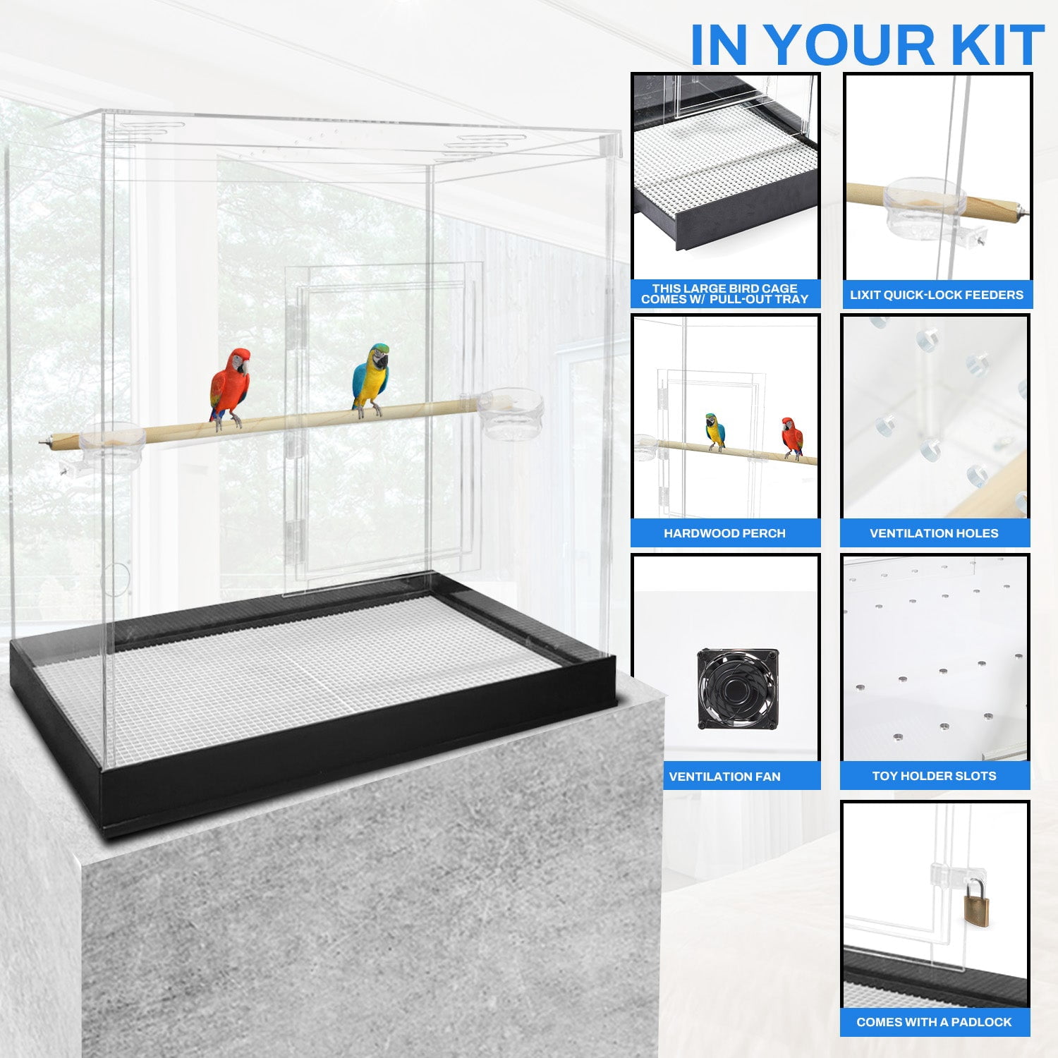 PENNZONI Extra Large Bird Cage for Macaws & Parrots, Crystal Clear Acrylic Cage, No Base