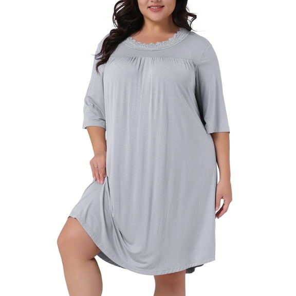 DARING DIVA Women's Plus Size 3/4 Sleeve Lace Crew Neck Comfy Nightgown 1X Light Gray