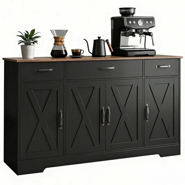 HOMCOM Sideboard Buffet Cabinet, 55" Farmhouse Kitchen Cabinet, Black