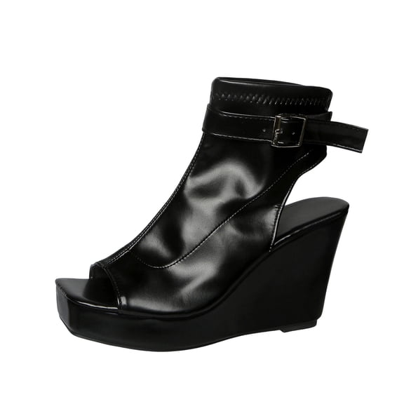 hopeusnice Patent Buckle Wedge Sandal Boots Women Peep Toe Party Evening Booties Black 36