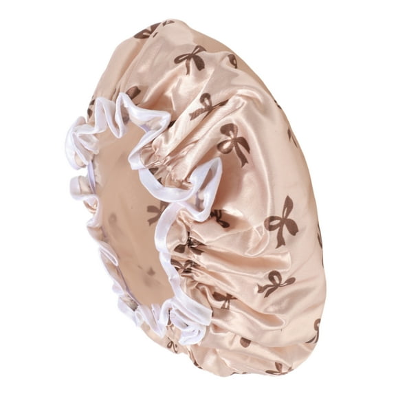 Vocoste 1 Pc Women Double Layer Bow Shower Cap for Bathroom Vacation Travel Hotel Brown Satin EVA
