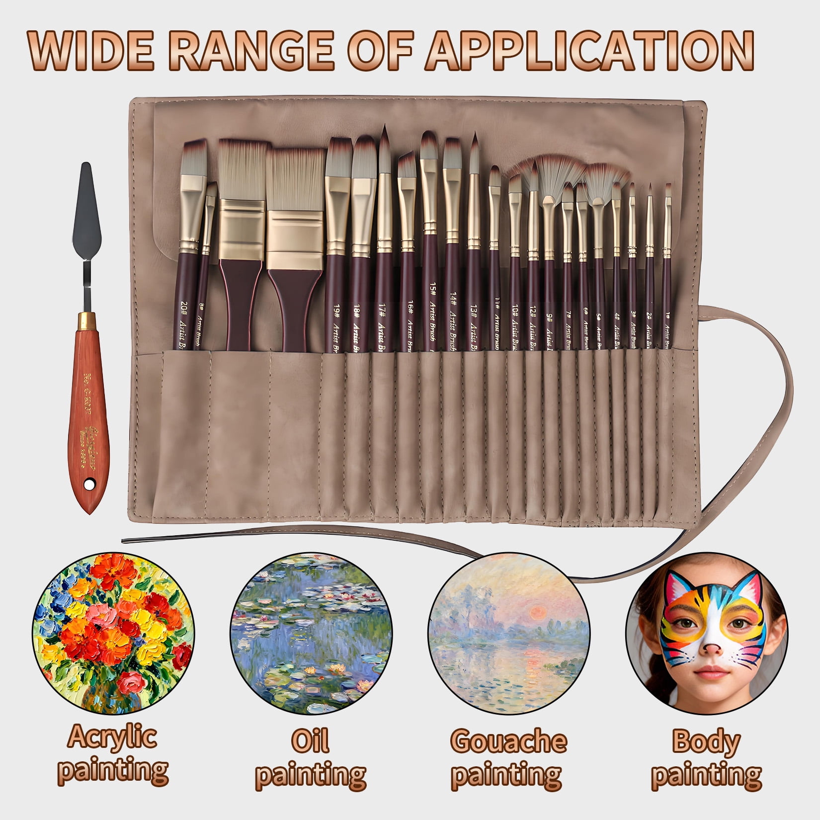 Garvee 24PCS Professional Paint Brush Set with Palette Knife and Suede Roll Case, Synthetic Nylon Artist Brushes for Acrylic Oil Watercolor & Gouache Painting, Wooden Handle Art Brush Kit