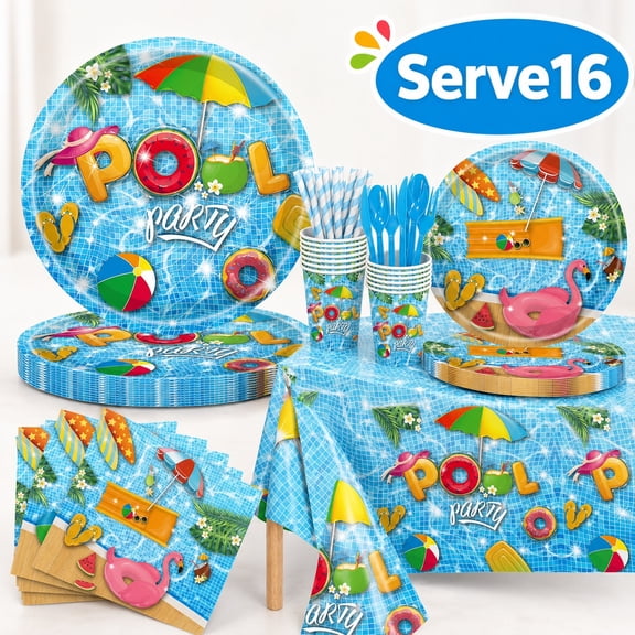 Summer Party Paper Plates Pool Party Tableware Set for Beach Hawaiian Party Favor Supplies Serve 16 Guests