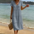 thumbnail image 3 of Josdec Women's Casual Solid Color Cotton Dress V-Neck Eyelet Cutwork Short Sleeve Tiered Midi Dress for Daily Wear in Spring Summer S-3XL, 3 of 6