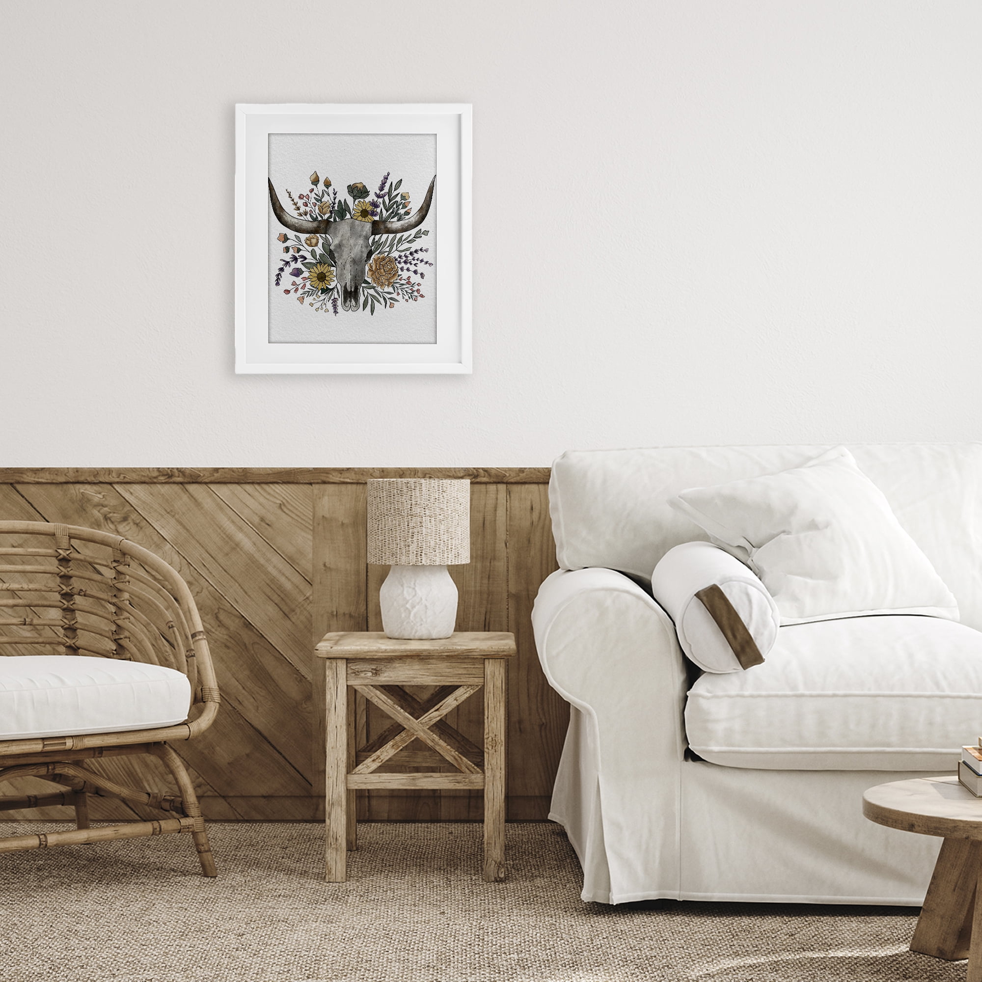 Stupell Industries Boho Wildflower Longhorn White Framed Print Under Glass, design by Alisha Kiara Design