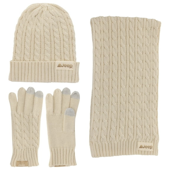 Jeep Women's 3 Piece Cable Knit Scarf, Beanie, and Gloves Set - One Size Fits Most