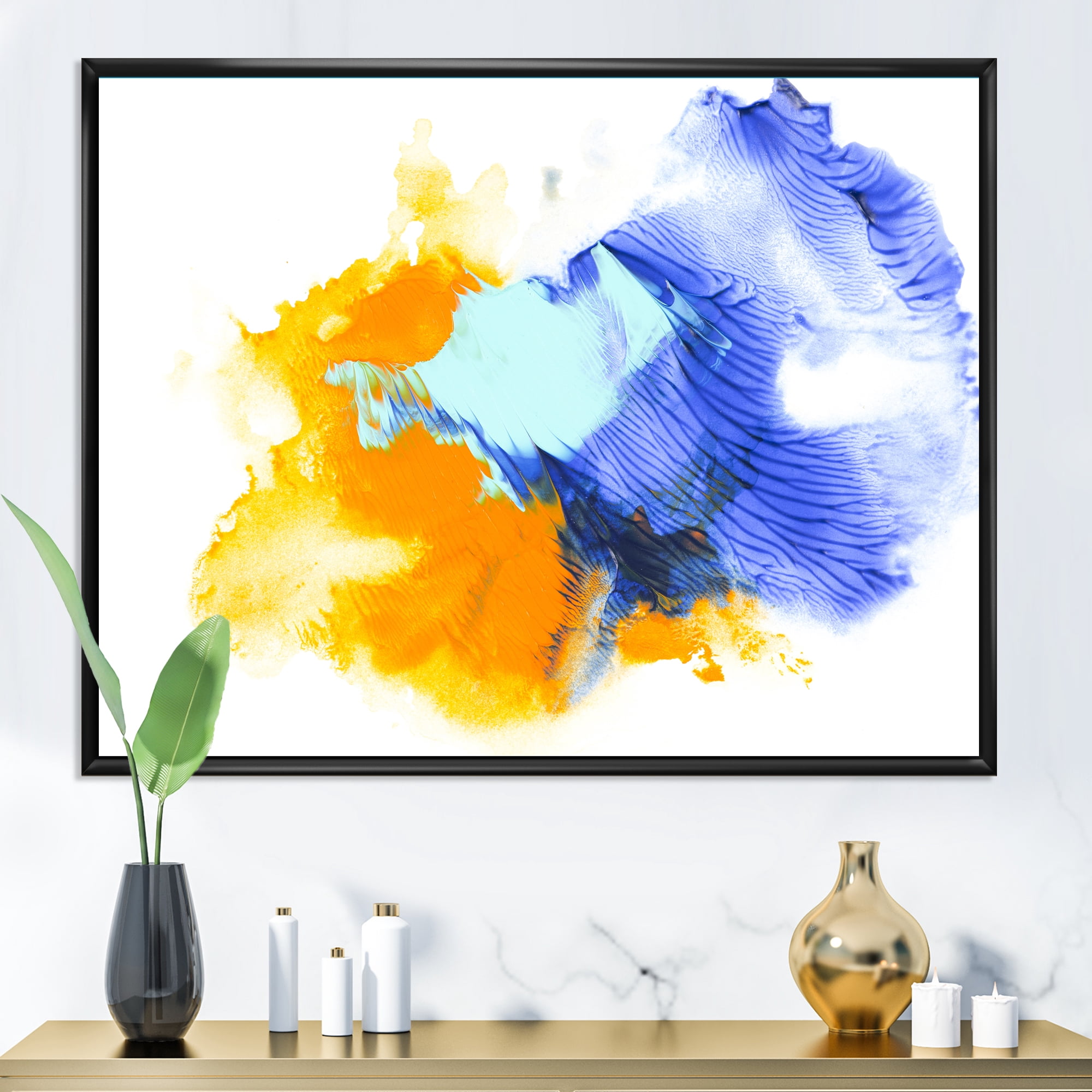 Abstract Orange and Blue Clouds 32 in x 16 in Framed Painting Canvas Art Print, by Designart