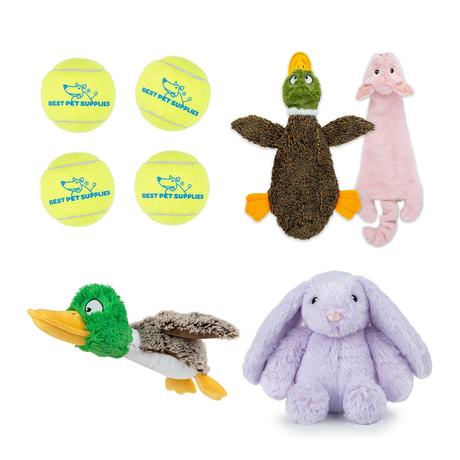 Best Pet Supplies 4-Piece Interactive Dog Toys Set with Squeaky Balls, Crinkle Toy, Cuddly Bunny and Duck