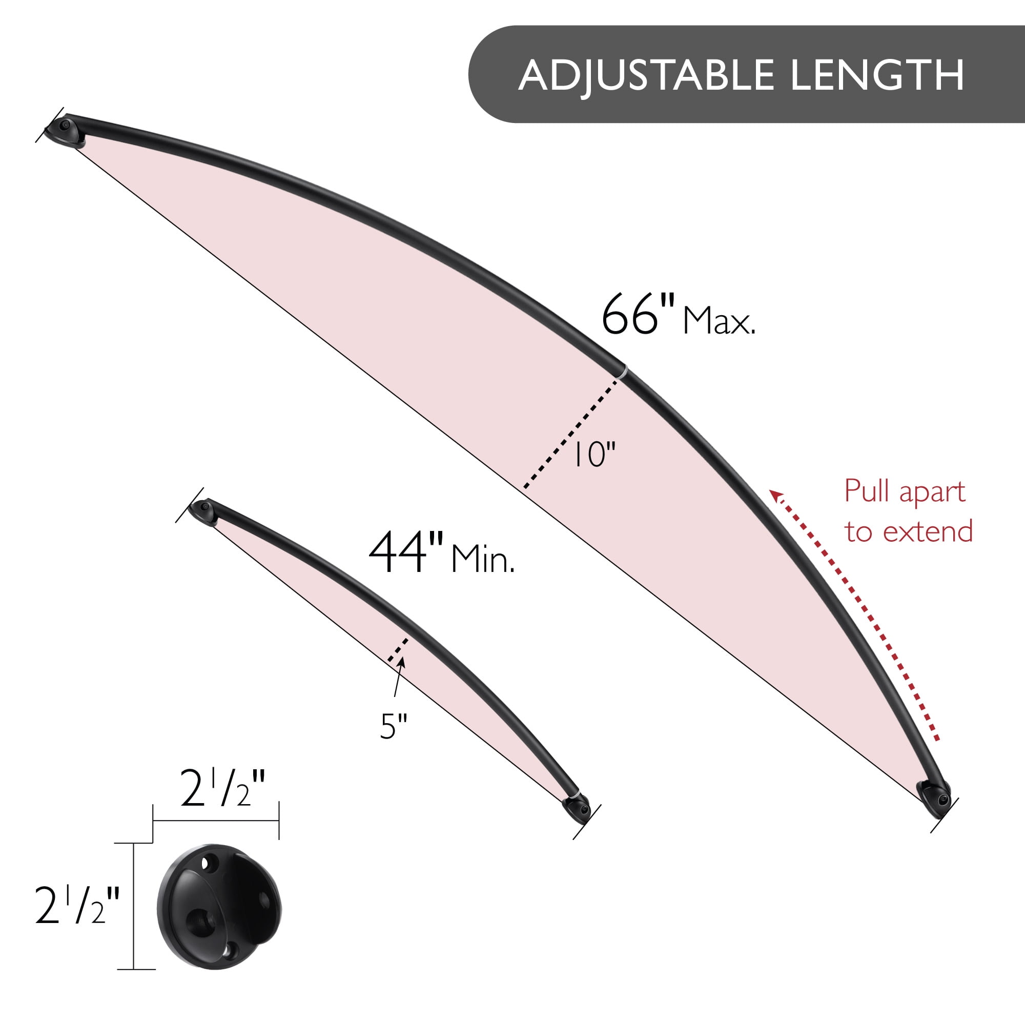 Adjustable Curved Shower Rod, 44-Inch to 66-Inch, Design House Shower Curtain Rod, Expandable, Matte Black, WM758281