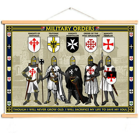 Medieval Knights Templar Canvas Scroll Posters and Prints Wall Hanging Banner Wall Chart with Retro Wooden Hanger Wall Art Home Decor Scroll Painting 8,Multicolor,40X30 CM