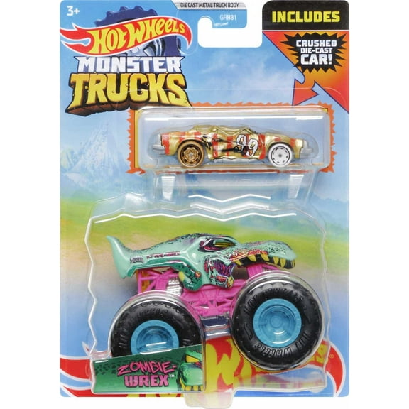 Hot Wheels Monster Trucks 1:64 Scale Vehicles 2 Pack; 1 Die-Cast Truck & 1 Car