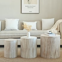 FFZ Set of 3, Rounded Wood Coffee Tables, End Tables, Plant Stands,Decorative Accent Pieces - Whitewashed Wood Finish