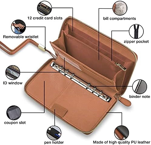 Cash Envelope Wallet Brown All in One Budget System RFID Blocking with 12x Tabbed Cash Envelopes, 12x Monthly Budget Cards,1x Yearly budget planner sheet Complete Money Organizer Set for Cash