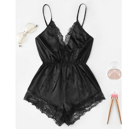 

Gaiseeis Fashion Women Sexy Lingerie Girl V-neck Lace Splice Bodysuit Sleepwear Bodydoll Black XXL