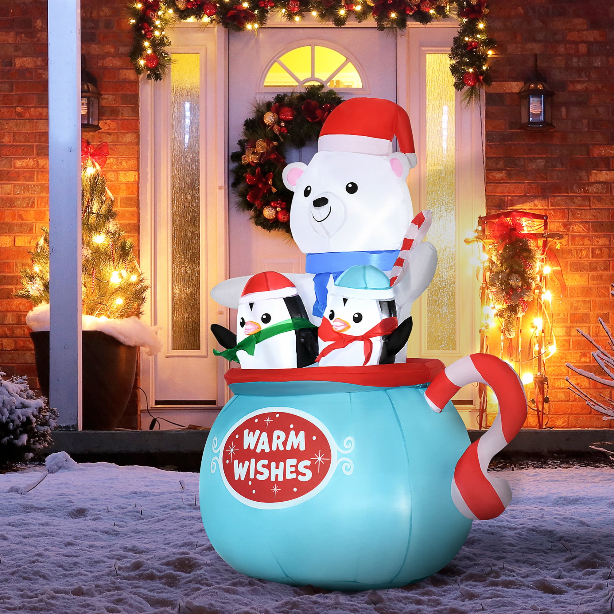 Christmas Bear and Penguins Inflatable Sitting in a Cup with LED Lights Outdoor Yard Decoration